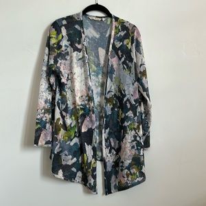 Soft Surroundings Open-front Floral Cardigan, gray/cream/pink/teal Size Medium